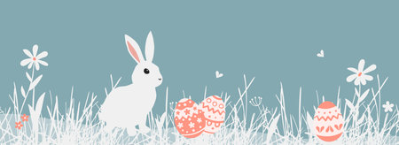 Easter border pattern. Cute Springtime holiday frame with bunny, ornamental Easter eggs. Easter long...