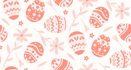 Easter egg seamless pattern. Flowers, leaves around eggs. Vector illustration.のイラスト素材