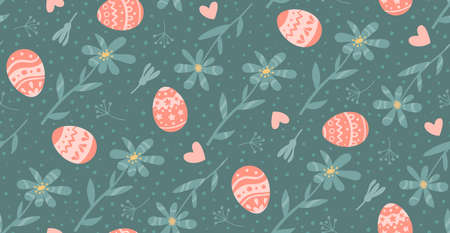 Easter egg green seamless pattern. Small flowers, leaves around eggs. Vector illustration.のイラスト素材