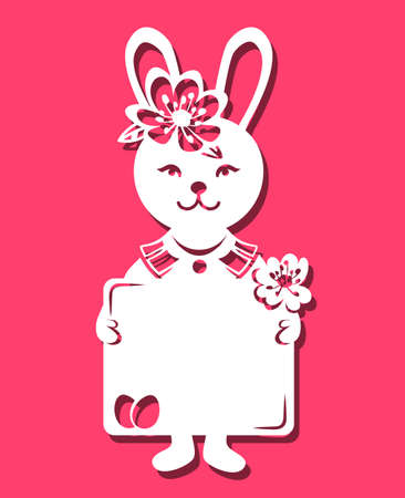 Easter bunny girl holding card in her hands for laser cut. vector illustration.のイラスト素材