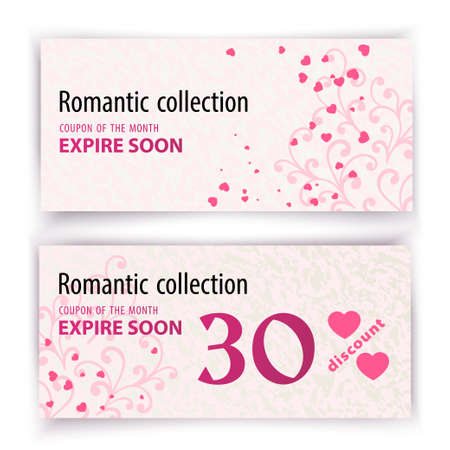 Voucher template. Value 30 percent discount in department stores, sale for romantic holidays. Curles decoration and hearts. Vector illustration.のイラスト素材