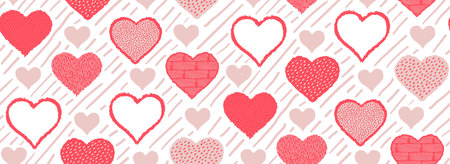 Red heart seamless pattern. Grunge hearts on white background. Vector illustration