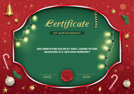 Christmas green red certificate. Xmas background with lights, candy cane, bell, christmas balls. Vector illustrationのイラスト素材