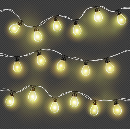 Christmas realistic garlands isolated on transparent background Xmas decoration for festive design of postcards, banners, posters, web sites Vector design elements. Glowing light bulbsのイラスト素材