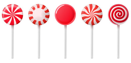 Circle christmas candy cane. Lollipopst stick. Traditional realistic xmas candy and red, white stripes. Santa caramel cane on white background. Vector illustrationのイラスト素材