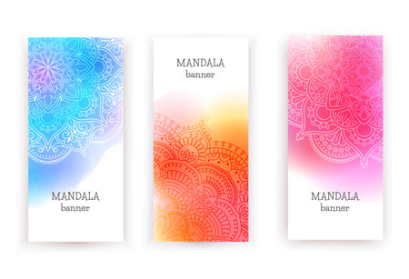 Round gradient mandala on watercolor trace background. Vector boho mandala in green and pink colors. Mandala with floral patterns. Yoga templateのイラスト素材