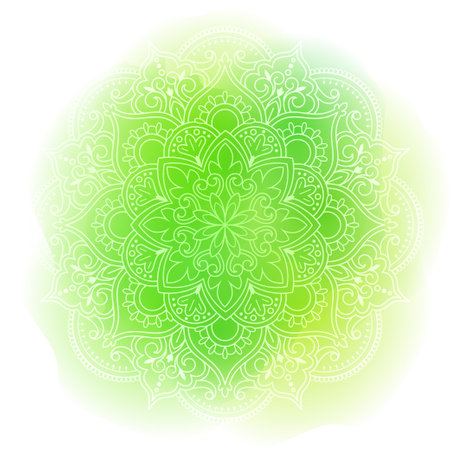 Round gradient mandala on watercolor trace background. Vector boho mandala in green colors. Mandala with floral patterns. Yoga templateのイラスト素材