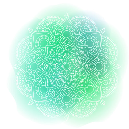Round gradient mandala on watercolor trace background. Vector boho mandala in turquoise colors. Mandala with floral patterns. Yoga templateのイラスト素材