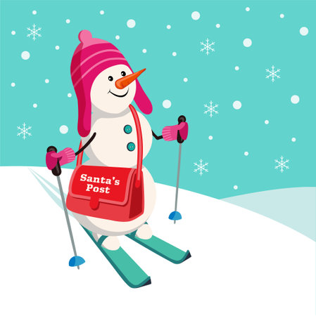 Snowman on skis with postmans bag on winter landscape background. Vector cartoon illustration. Santas postのイラスト素材