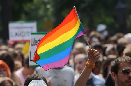 PARIS - JUNE 26: A person waves with the rainbow flag to support gay rights during the Paris Gay Pride parade, on June 26, 2010 in Paris, France.のeditorial素材