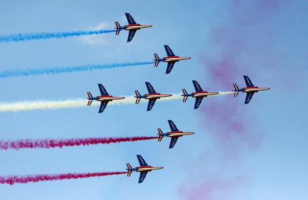 PARIS - JUNE 21: French Airforce 'Patrouille de France' performs its flying demonstration at Le...