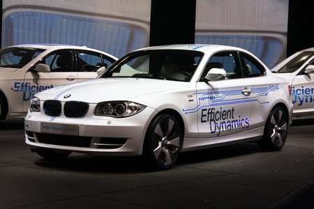 PARIS - OCTOBER 11: The BMW Concept ActiveE electric automobile at the Paris Motor Show 2010 at...