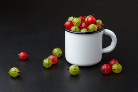 Ripe red and green gooseberries in a white metal mug on a black background