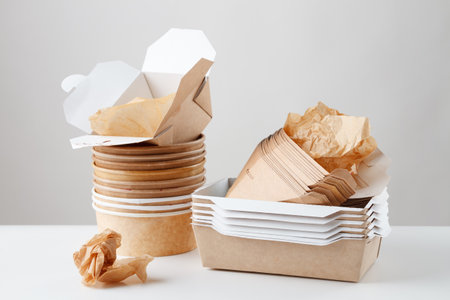 Dirty used disposable bowls and boxes on a light background. Unsustainable concept.の写真素材