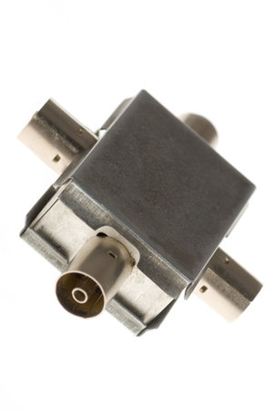 Aerial splitter 4 sockets made of metal isolated on whiteの写真素材