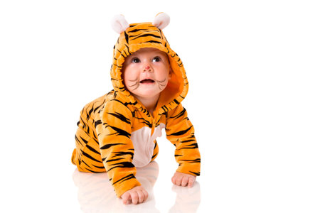 Six month baby wearing tiger suit sitting isolated on whiteの写真素材