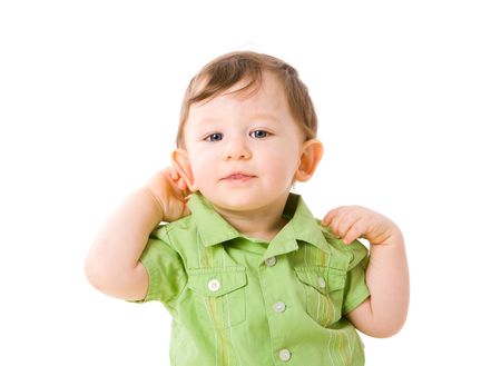 Boy in age of one year isolated on whiteの写真素材