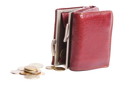 Empty wallet with a bit of change isolated on whiteの写真素材