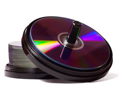 Two Stacks of empty dvd-r disks isolated on white backgroundの写真素材
