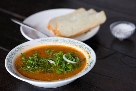 Georgian Beef-Walnut Soup with fresh herbs and breadの写真素材