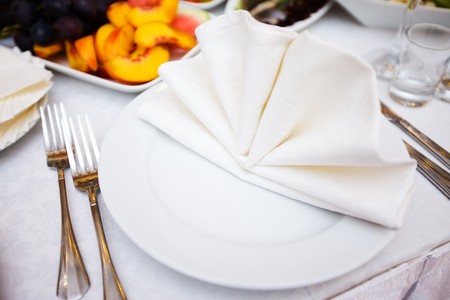 Clean Napkin on empty plate before party beginsの写真素材