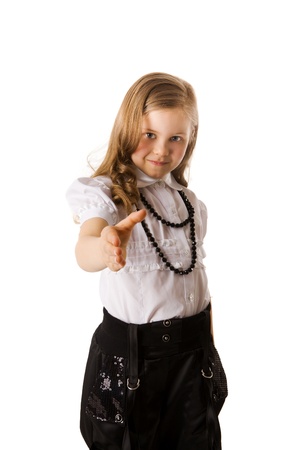 Happy school girl posing isolated on whiteの写真素材
