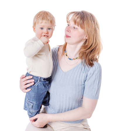 Mother comfort worried crying son isolated on whiteの写真素材
