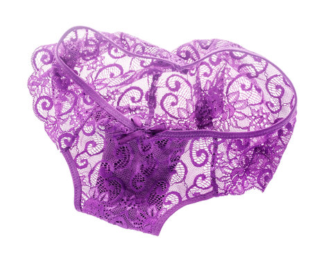 Elegant violet lace panties isolated on whiteの写真素材