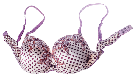 Pink silk lacy push up bra isolated over whiteの写真素材