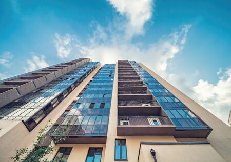 Modern bright buildings internal square yard view up to the skyの写真素材