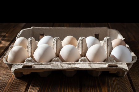cardboard box of chicken eggs. farm products. brown wooden table