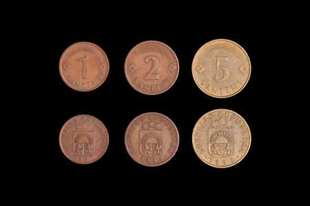 1, 2, 5 Santimu, Latvian centime coins - Latvijas republika. Symbol of Latvian currency to wealth...