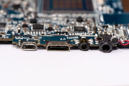 circuit board, microchip, closeup, blue color. Technological illustration