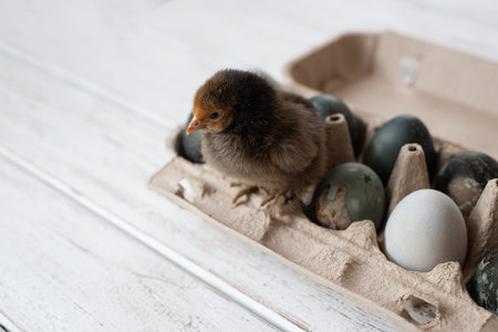 Little chicken sits on a box with colored eggs. staining with natural dyes. High quality photo