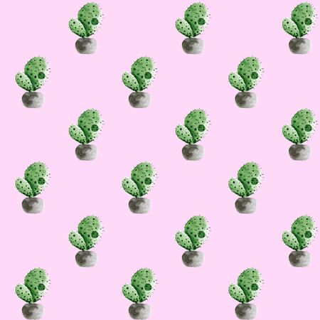 Seamless pattern with watercolor cactus in a pot. isolated on a pinkの写真素材