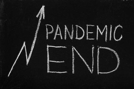 Chalkboard text message Pandemic end. After coronavirus outbreak