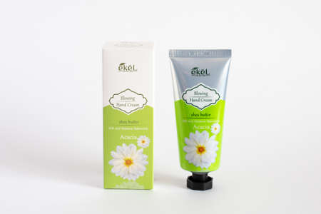 Russia, Rostov-on-Don, 05.07.2018 Korean cosmetics, Ekel Blowing Hand Cream Acacia, isolated on white background.のeditorial素材