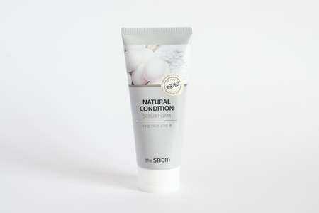 Russia, Rostov-on-Don, 05.07.2018 Korean cosmetics, the saem natural condition scrub foam, isolated on white background.のeditorial素材