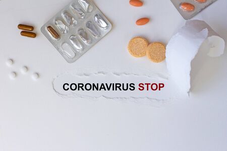 disease epidemic New coronavirus 2019-nCoV. Tablets and a hand in a medical glove on a white background.の写真素材