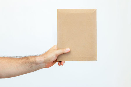 Mans hand holds a paper envelope. Delivery of documents by courier service. Express fast delivery....