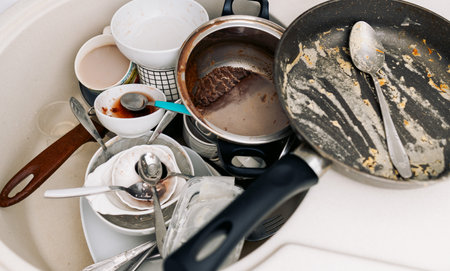 Dirty dishes and frying pan in kitchen after lunch in the kitchen sink. Top view. Banner. Mess in the kitchenの写真素材