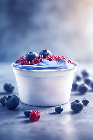 A mockup of natural Greek yogurt with fresh berries. ice cream. Healthy food, the concept of a sports fitness menu. Healthy breakfast, vegetarian food, blueberriesの写真素材