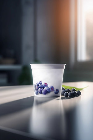 A mockup of natural Greek yogurt with fresh berries. ice cream. Healthy food, the concept of a sports fitness menu. Healthy breakfast, vegetarian food, blueberriesの写真素材