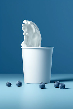 A mockup of natural milkshake with fresh berries. ice cream. Healthy food, the concept of a sports fitness menu. Healthy breakfast, vegetarian food, blueberriesの写真素材