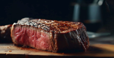 Medium grilled steak on wooden serving board on table. juicy piece of steakの写真素材