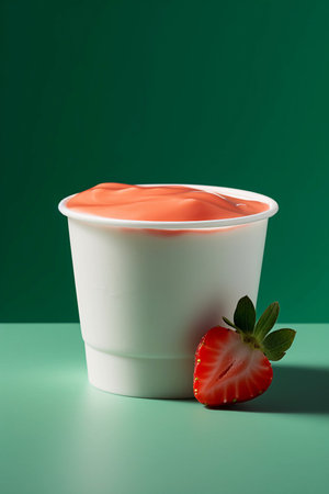A mockup of natural ice cream with fresh strawberry. Healthy food, healthy lifestyle, the concept of a sports fitness menu. Healthy breakfast, vegetarian food, blueberriesの写真素材