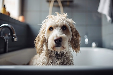 Funny cute dog sitting in bathtub. Home, bathroom.Dog spa. Dog grooming. Pet care, washing pawsの素材