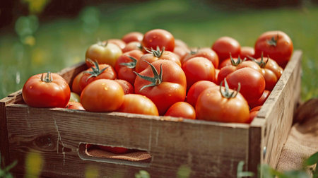 Fresh red tomatoes in wooden box close up. Local farmers market or supermarket. Green grocery store. Agricultureの素材