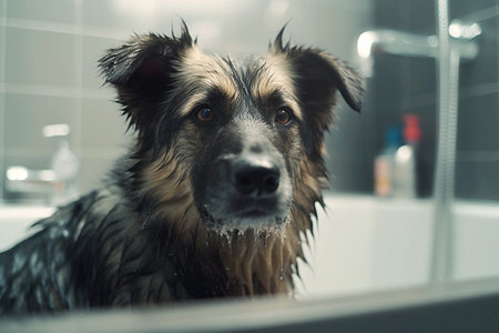 Funny cute dog sitting in bathtub. Home, bathroom.Dog spa. Dog grooming. Pet care, washing pawsの素材