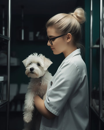 Veterinarian woman doctor and dog in a veterinary clinic. Medicine, pet care, health care. Veterinary care. Veterinary medicine concept. Pedigree dogs.の素材